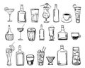 Vector outline hand drawn sketch illustration with set of cocktails, coffee drinks and alcohol bottles Royalty Free Stock Photo